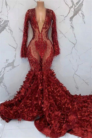Black Girl Prom Dresses Sexy Deep V-neck Appliques Prom Dress | Feather Long Sleeve Mermaid Evening Gowns HZ1023